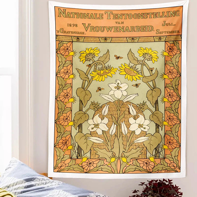 Decobites Vintage Flower Bee Print Botanical Tapestry Wall Hanging Reference Chart Art