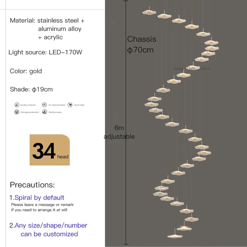 DecorBites™ Lotus Leaf Tea Art Spiral Staircase Chandelier - Chinese Style Pendant Light