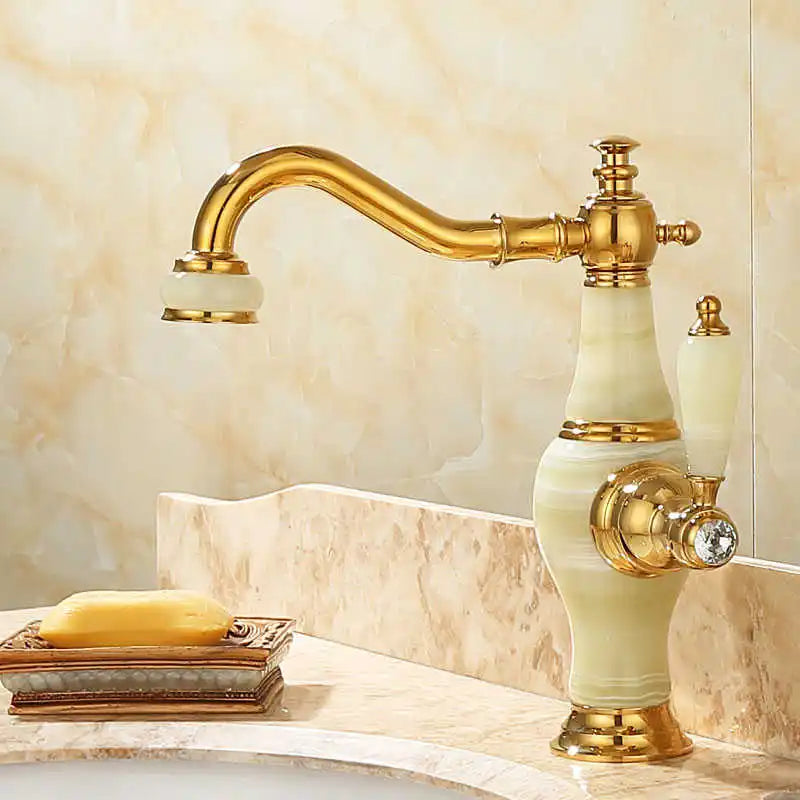 DecorBites™ Brass and Jade Bathroom Basin Sink Faucet Gold Mixer Tap