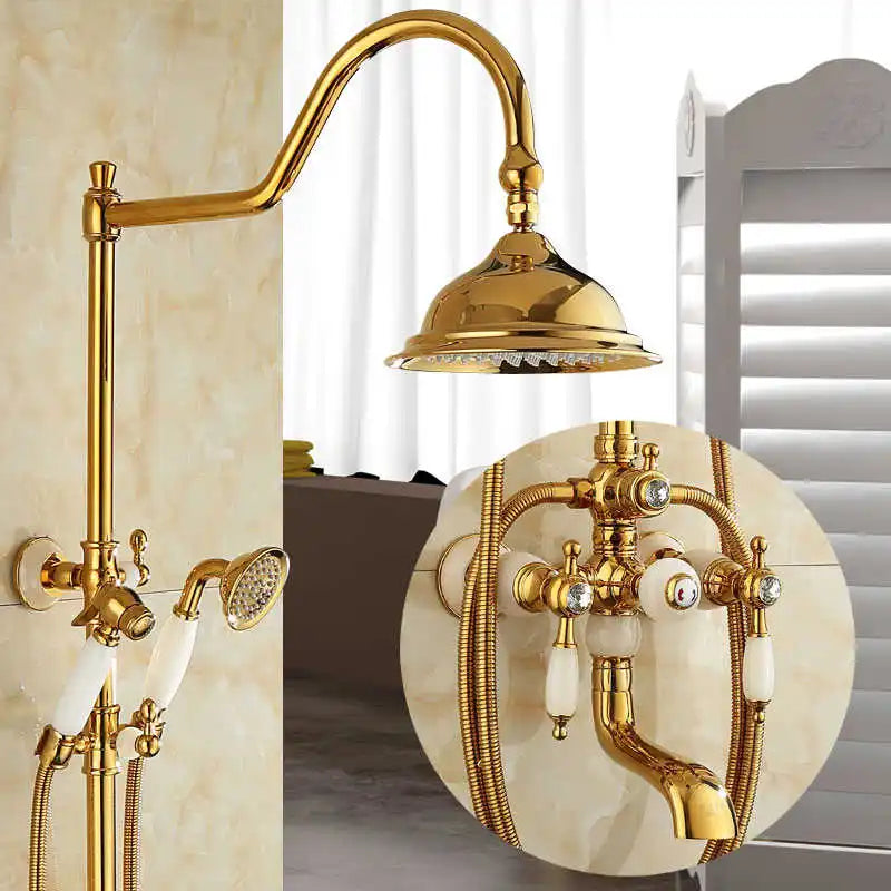Juego de Ducha y Bañera de Jade de Latón Dorado Decorbites™ Montado en la Pared con Ducha de Lluvia