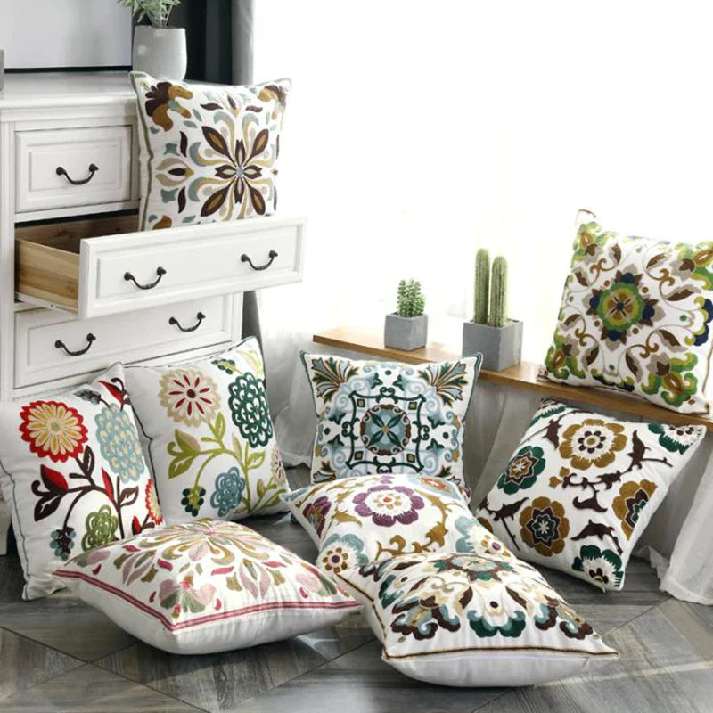 DecorBites™ Ethnic Style Canvas Embroidery Pillow Cover 45x45cm