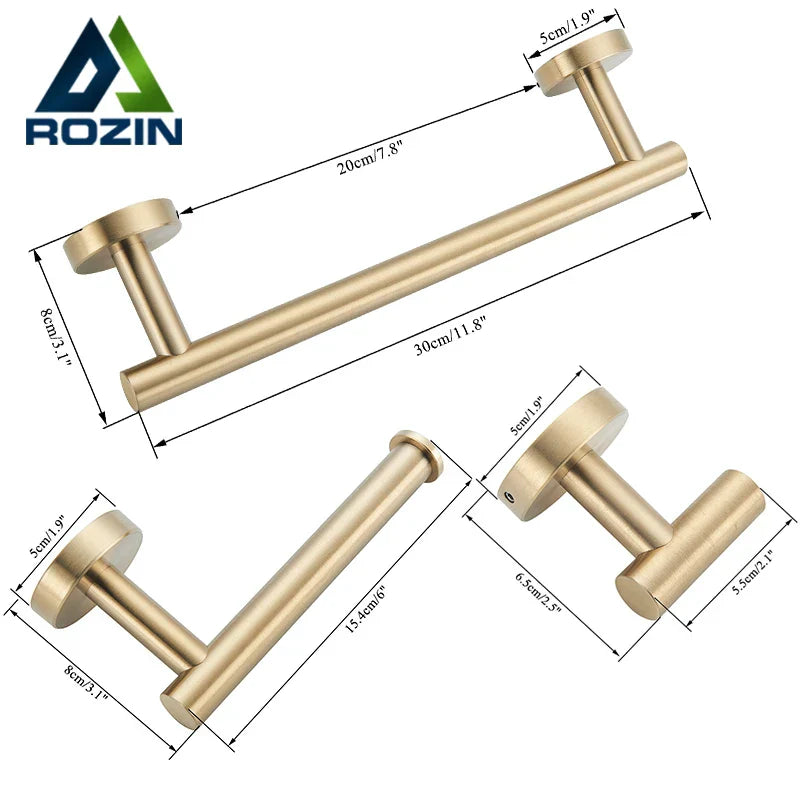 DecorBites™ Brushed Gold Stainless Steel Bathroom Accessories Set - Towel Bar, Toilet Paper Holder, Hooks