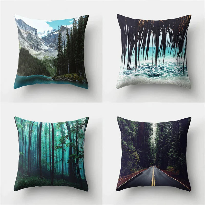 Funda de almohada DecorBites™ con hojas tropicales verdes y diseño de bosque - Decoración natural de olas del océano y montañas