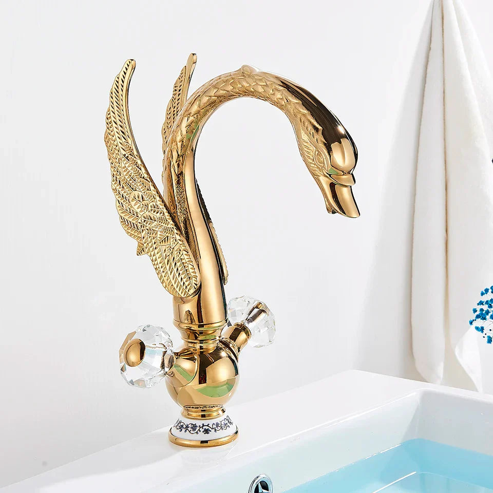 DecorBites™ Gold Swan Basin Faucet: Deck Mounted Bathroom Mixer Tap with Hot and Cold Water