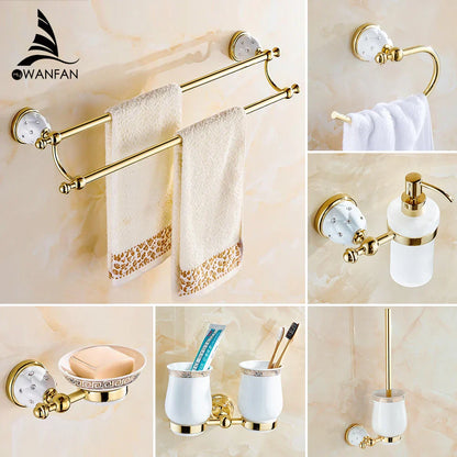 DecorBites™ Golden Bath Hardware Set: TP Holder, Towel Rack, Tissue Holder, Cup Holder, Robe Hook