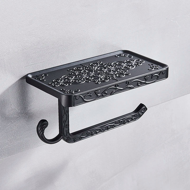 حامل ورق تواليت أسود مع رف للهاتف من DecorBites™: وحدة تخزين حائطية من الألومنيوم للحمام