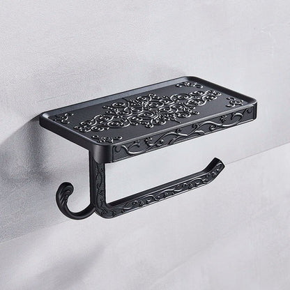 حامل ورق تواليت أسود مع رف للهاتف من DecorBites™: وحدة تخزين حائطية من الألومنيوم للحمام