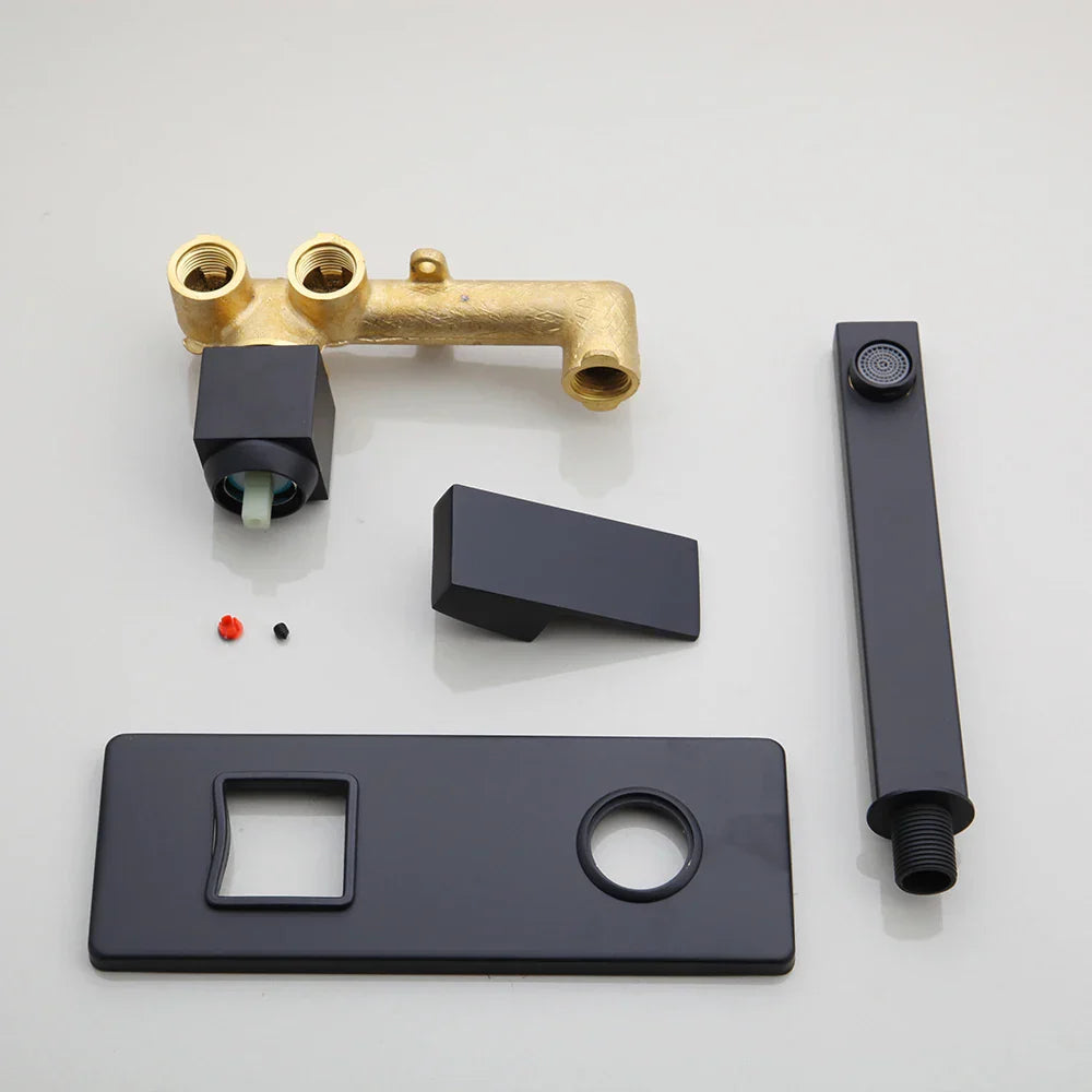 Grifo de lavabo mural DecorBites™ negro, mezclador de agua fría y caliente de latón macizo.