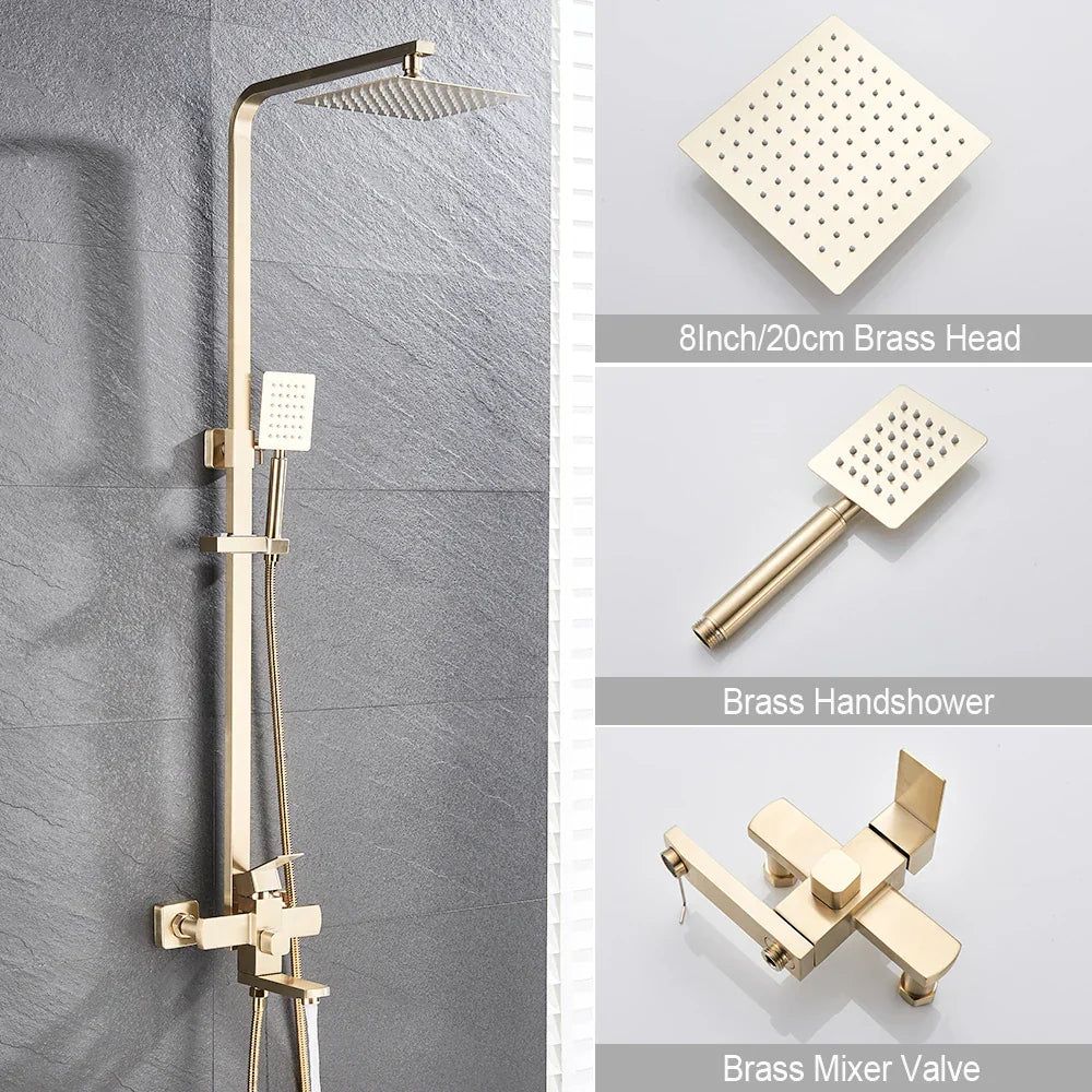 Mezclador de ducha DecorBites™ en oro cepillado con caño giratorio para bañera y rociador tipo lluvia de 8".