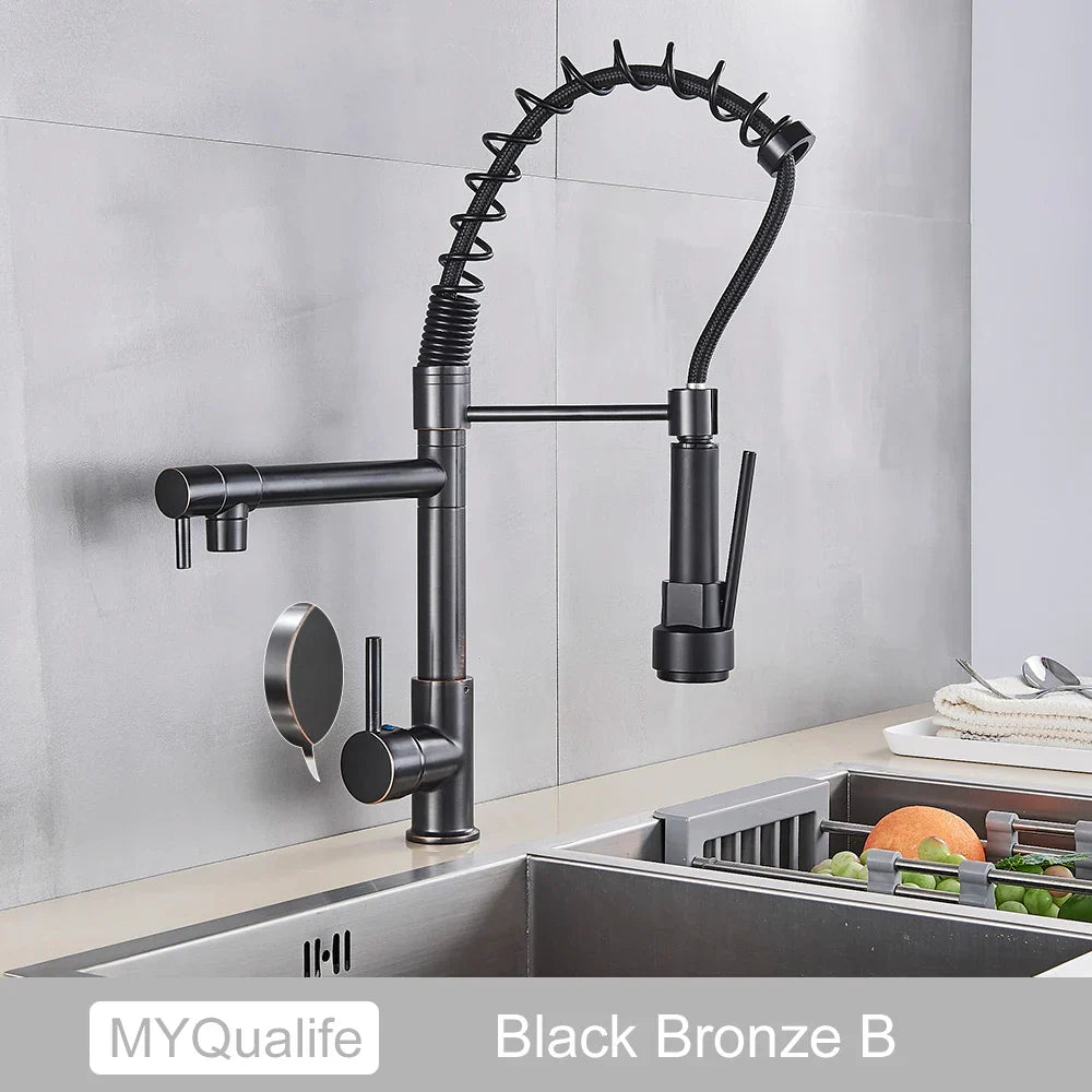 Grifo de cocina DecorBites™ de latón negro con doble caño, rotación de 360°, montaje sobre encimera