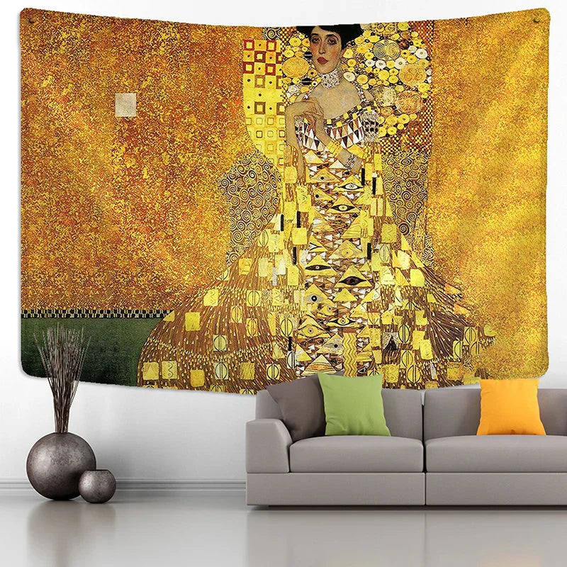 Decorbites™ Tapiz de Pintura al Óleo de Beso Dorado Colgante de Pared Arte Manta en Blanco
