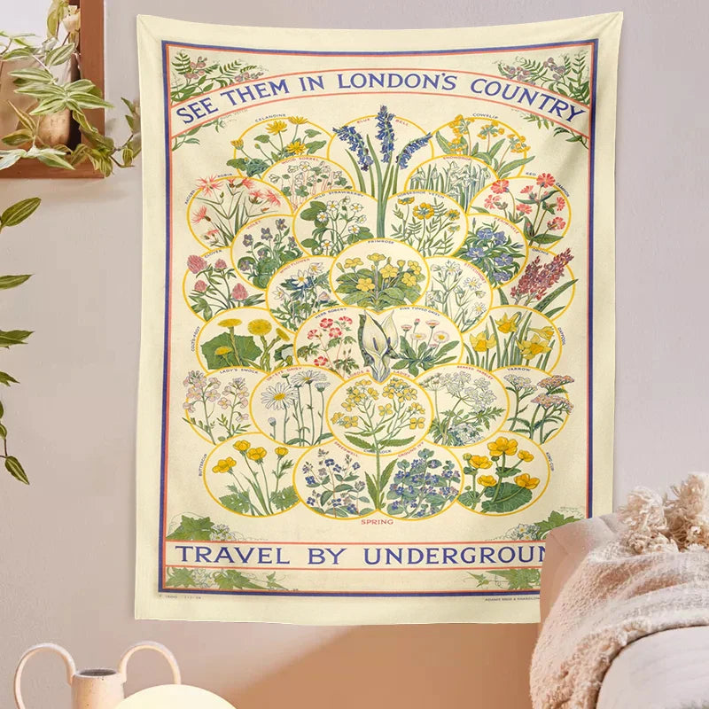 Decobites Botanical Wildflower Tapestry Wall Hanging Floral Print Identification Chart Wall Art