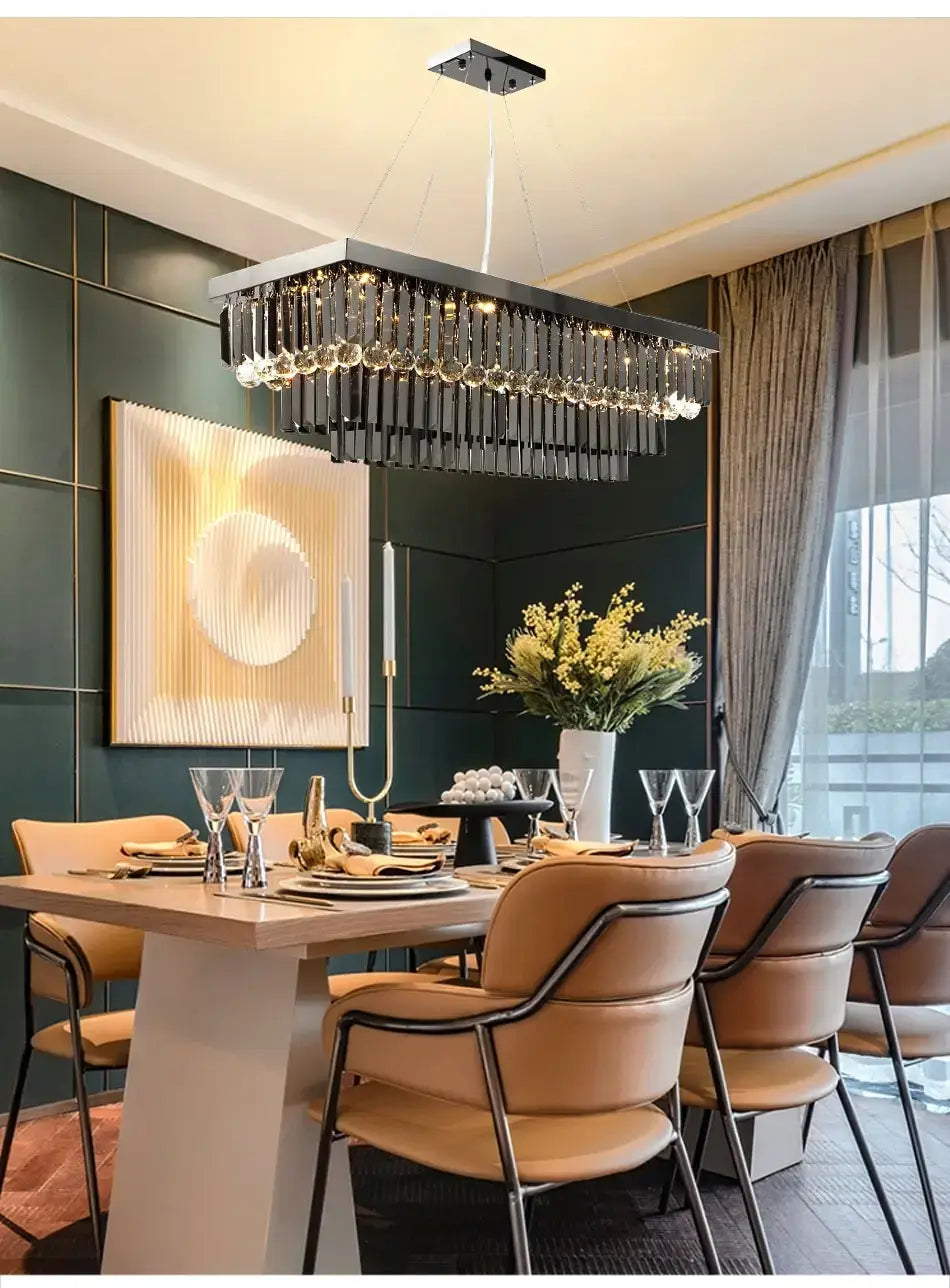 Modern black rectangle crystal chandelier featuring dangling crystal droplets for dining room hanging light.