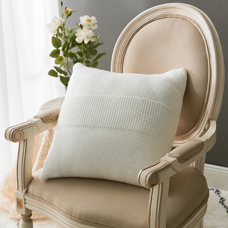 DecorBites™ Knit Cushion Cover 45x45cm Solid Cotton Pillow Pink Ivory Grey Cream