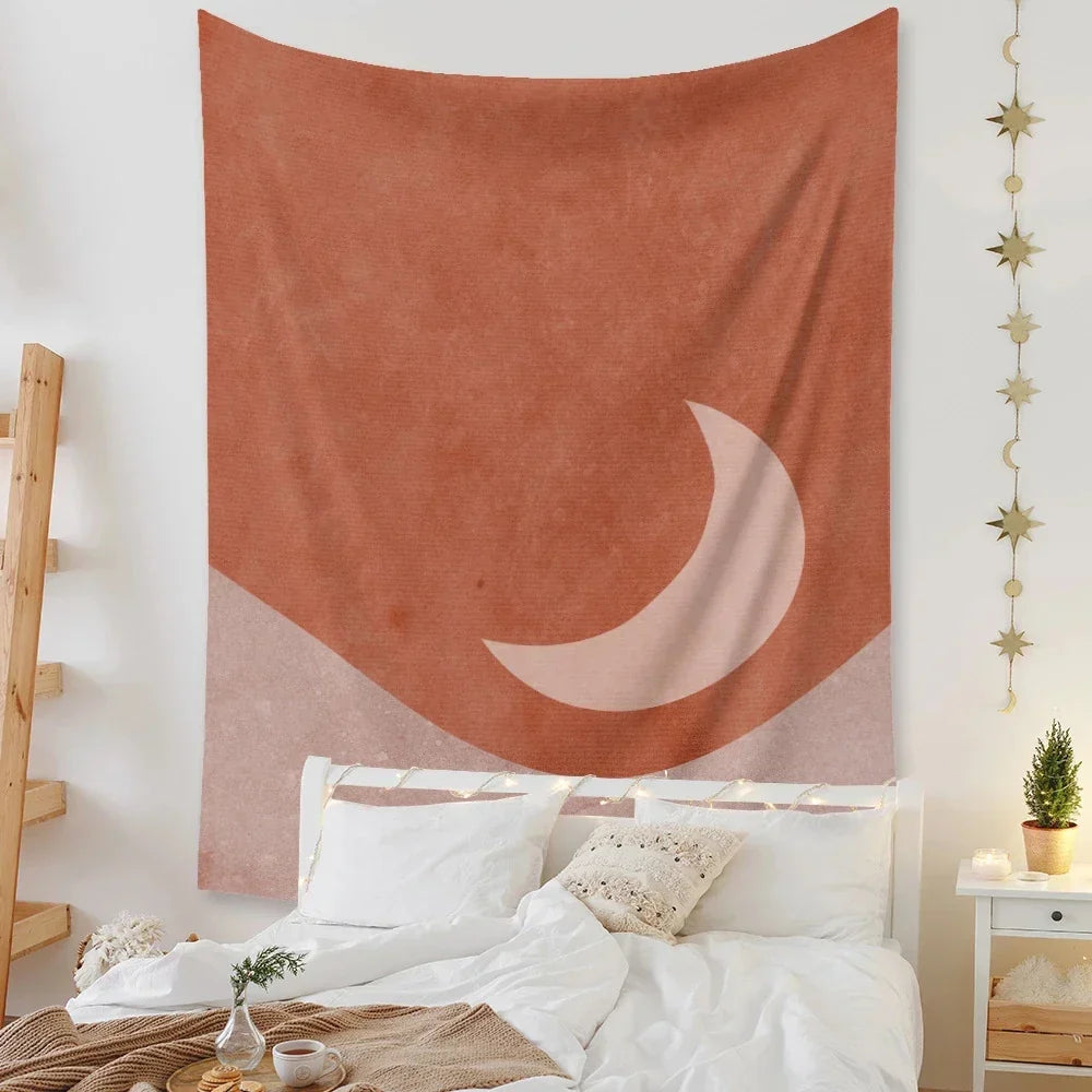 Pink Moon Night Tapestry by Decobites - Boho Celestial Wall Decor for Home