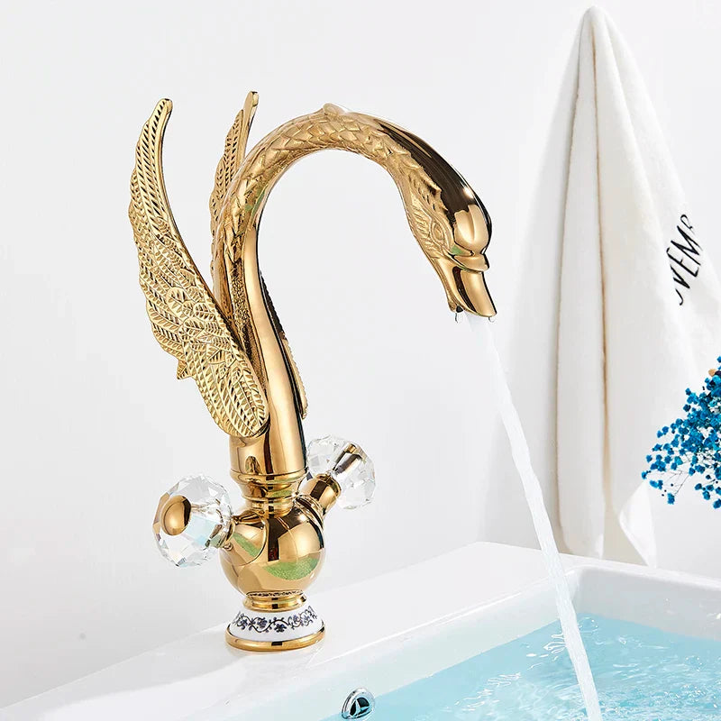 Decorbites™ Grifo de Lavabo para Baño Cisne Negro de Latón Dorado Negro Lujo Mezclador Individual Montado en Cubierta