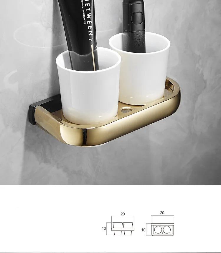 DecorBites™ Gold & Black Bathroom Set - Shelf, Towel Rack, Holder, Brush Holder & More
