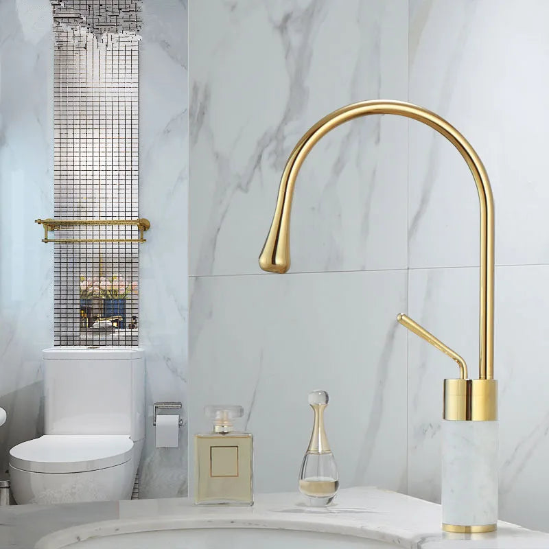 DecorBites™ Gold & Marble Basin Faucet: Single Handle Swivel Sink Water Crane