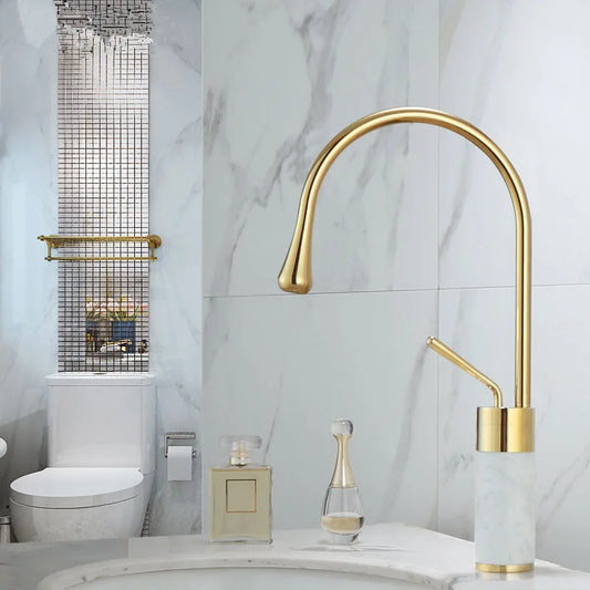 DecorBites™ Gold & Marble Basin Faucet: Single Handle Swivel Sink Water Crane