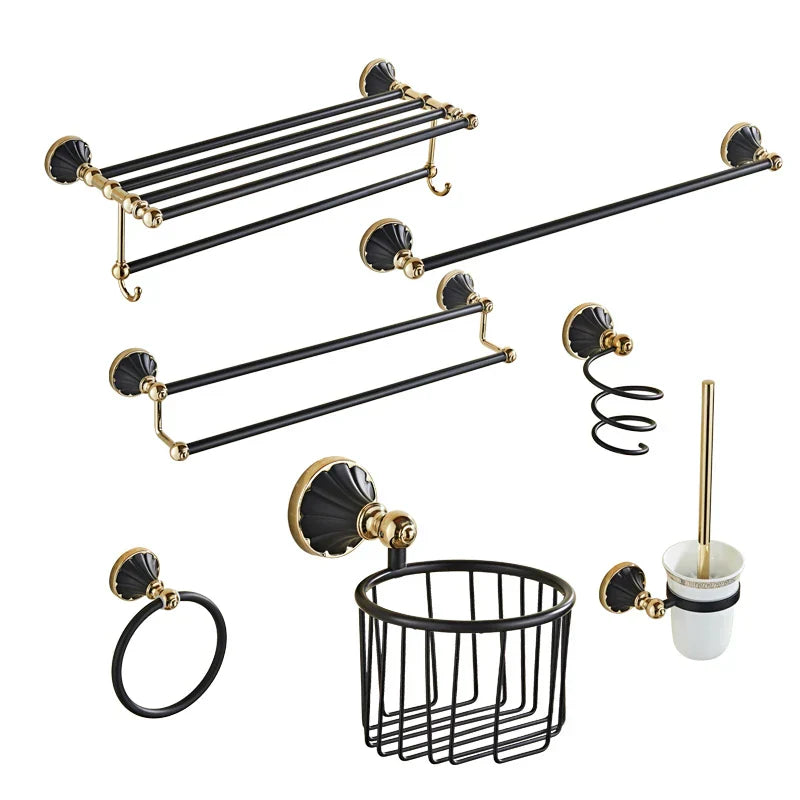 DecorBites™ Gold Black Bathroom Accessories Set, Towel Bar, Toilet Brush Holder, Paper Holder