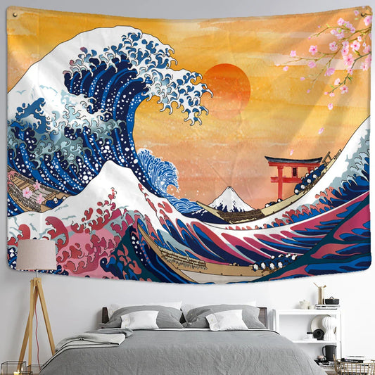 Decobites Kanagawa Waves Oil Painting Tapestry Wall Hanging, Bohemian Style Psychedelic Hippie Art