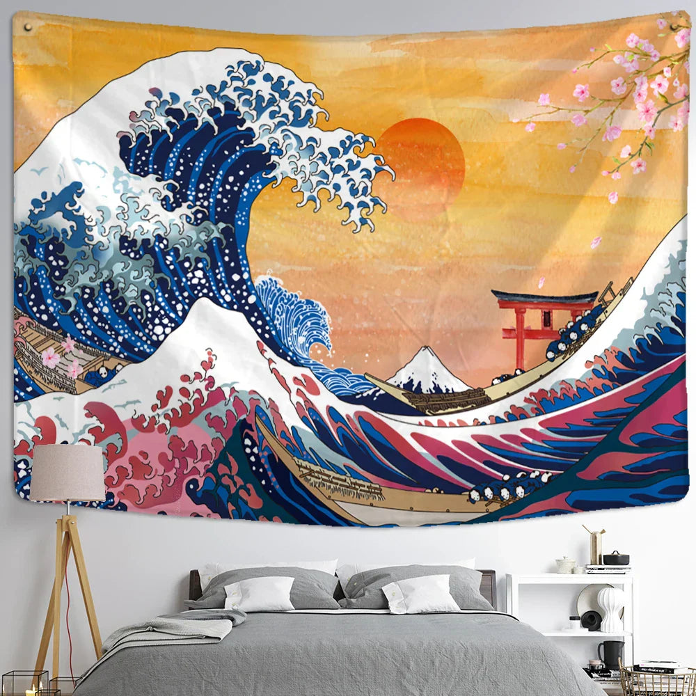 DecorBites™ Kanagawa Waves Oil Painting Tapestry Wall Hanging, Bohemian Style Psychedelic Hippie Art