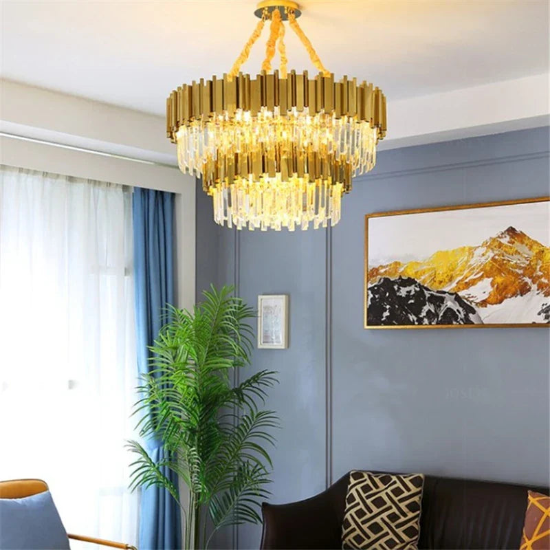 DecorBites™ Golden Stainless Steel K9 Crystal Chandelier for Elegant Dining Room Lighting