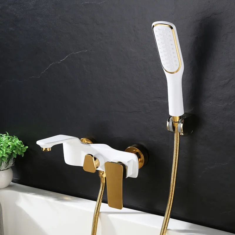 Decorbites™ Grifo de Bañera Montado en la Pared Dorado y Blanco, Mezclador de Ducha y Baño de Latón