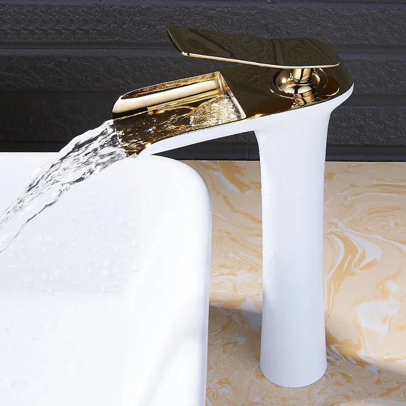 DecorBites™ Gold Waterfall Bathroom Basin Faucet, White Mixer Tap Hot Cold Sink Plugin