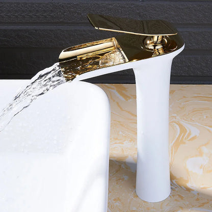 DecorBites™ Gold Waterfall Bathroom Basin Faucet, White Mixer Tap Hot Cold Sink Plugin