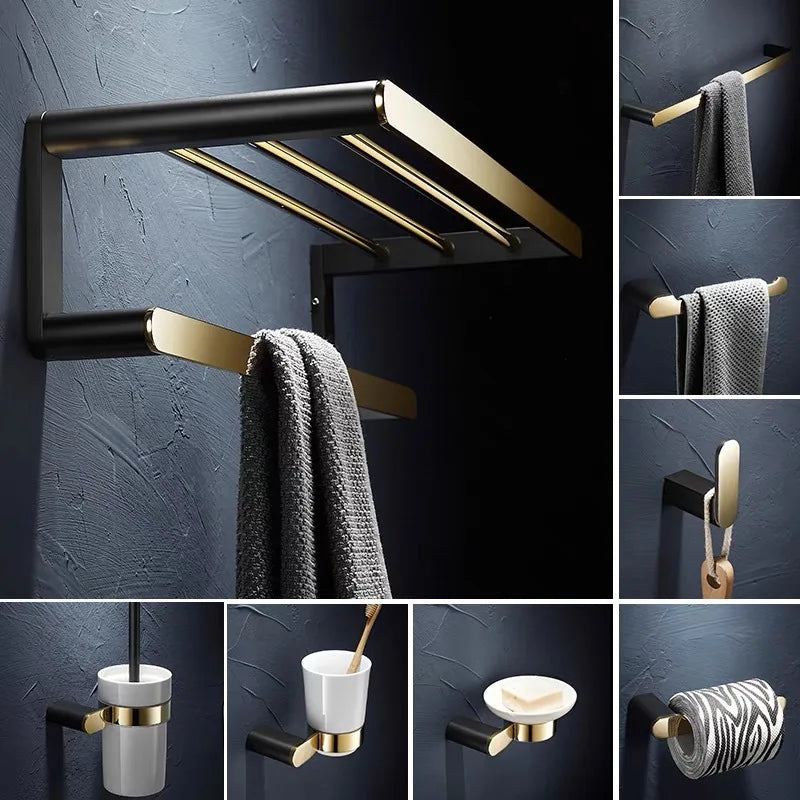 DecorBites™ Gold & Black Bathroom Set - Shelf, Towel Rack, Holder, Brush Holder & More