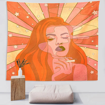 Rainbow Girl Tapestry Wall Hanging Retro Sun Aesthetic Boho Wall Art by Decobites