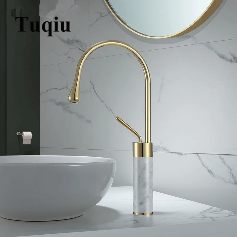 DecorBites™ Brushed Gold Brass & Marble Bathroom Sink Faucet