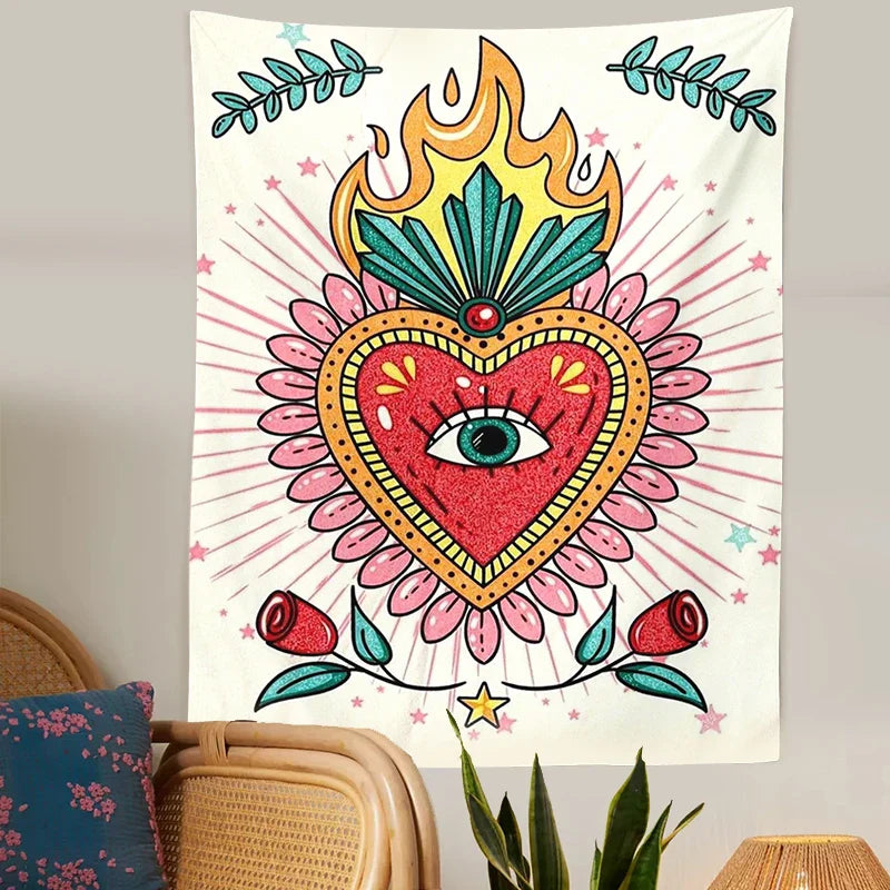 Psychedelic Floral Heart Tapestry Vintage Wall Blanket Boho Decor for Decobites