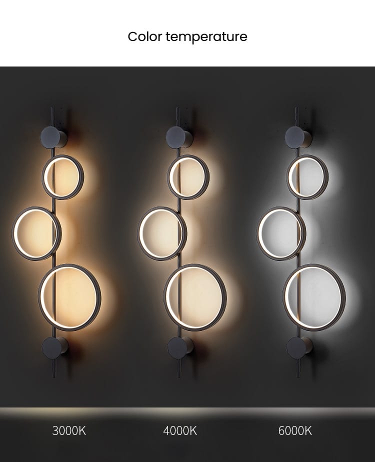Modern black linear long led wall light featuring a sleek circular wall sconce design with a black metal frame and glowing ring lights available in warm 3000k to cool 6000k color temperatures.
