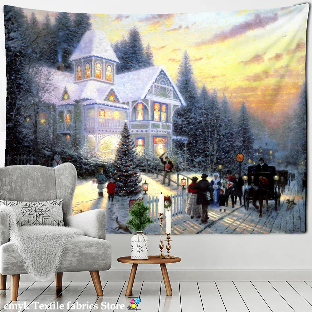 Snow Scene Oil Painting Tapestry Wall Hanging for Home Decor by Decobites