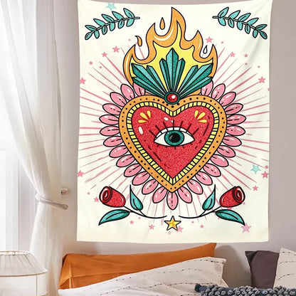 Psychedelic Floral Heart Tapestry Vintage Wall Blanket Boho Decor for Decobites