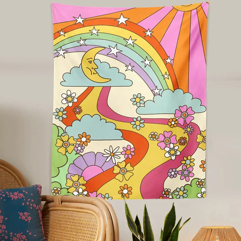 Decobites Retro Rainbow Psychedelic Tapestry Wall Hanging - Vintage Hippie Decor