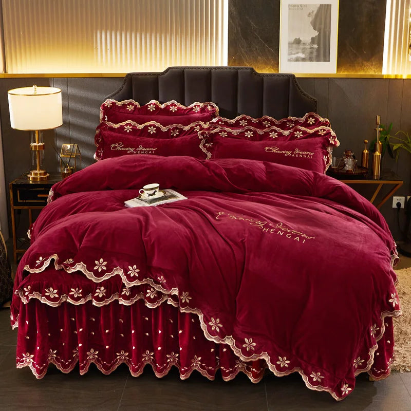 Decobites Velvet Bedding Set with Gold Embroidery & Ruffles