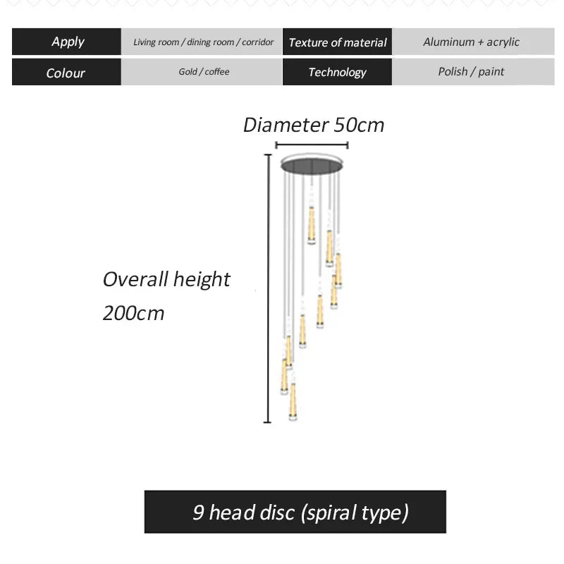 DecorBites™ LED Spiral Chandelier for Home, Black Chrome Gold Stairwell Lighting