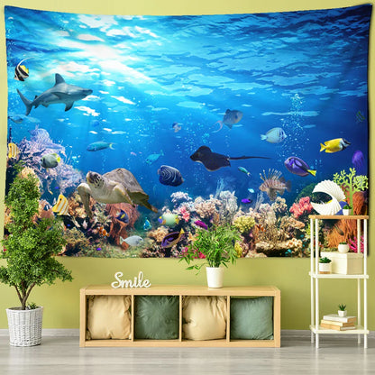 Decobites Underwater World Fish Tapestry: Psychedelic Marine Animal Wall Hanging