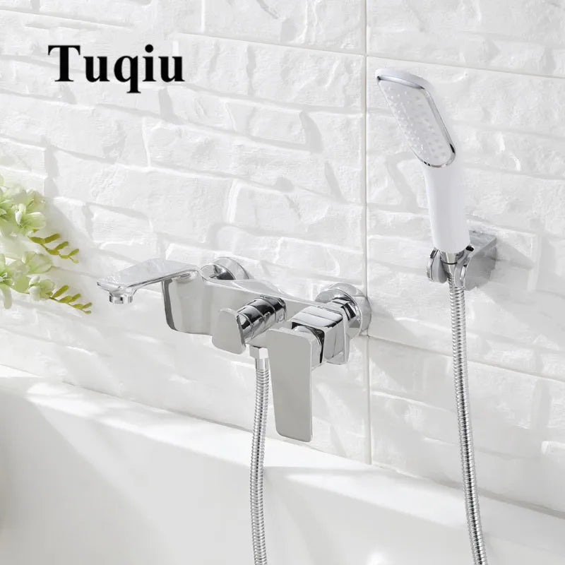 DecorBites™ Gold & White Wall Mounted Bathtub Faucet, Brass Bath Shower Mixer