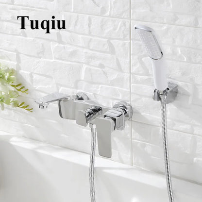 DecorBites™ Gold & White Wall Mounted Bathtub Faucet, Brass Bath Shower Mixer