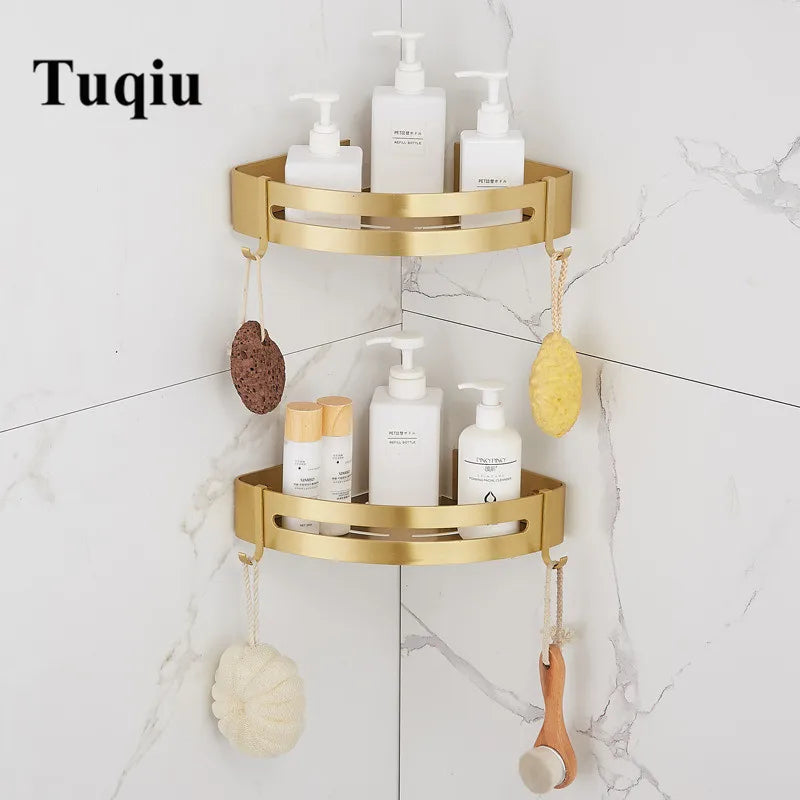 DecorBites™ Brushed Gold Aluminum Corner Shower Shelf with Soap Dish