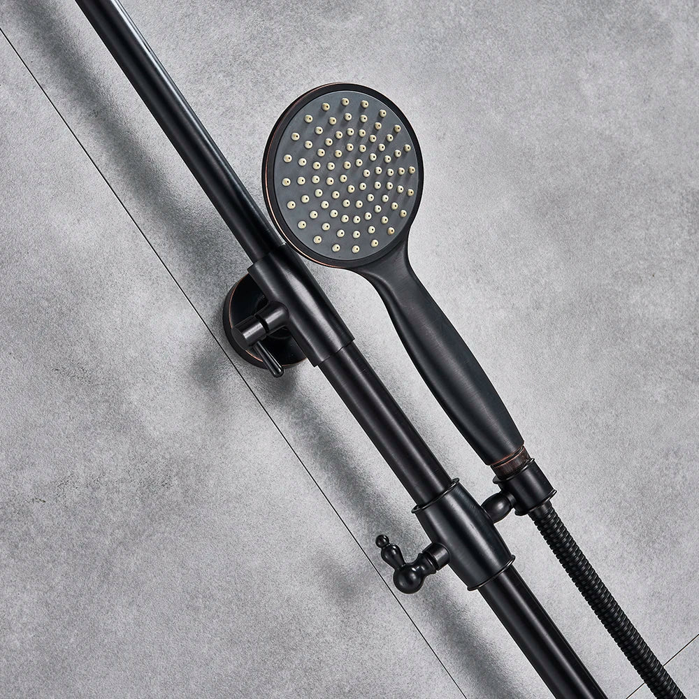 Juego de grifería para ducha DecorBites™ en bronce negro con cabezal de ducha tipo lluvia de 8" y ducha de mano.