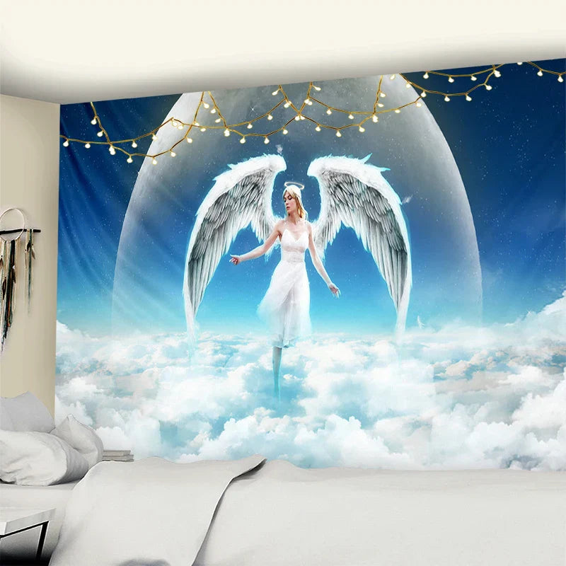 Decobites Angel Tapestry Wall Hanging: Blue Sky White Clouds Halo Bohemian Art Decor