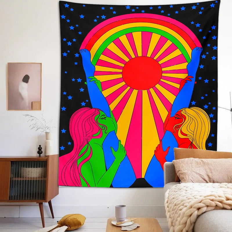 Decobites Retro Rainbow Sun Tapestry: Boho Aesthetic Wall Art for Home Decor