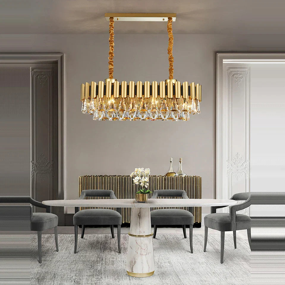 DecorBites™ Golden Stainless Steel Crystal Chandelier | LED Round Oval Lustre Fixture