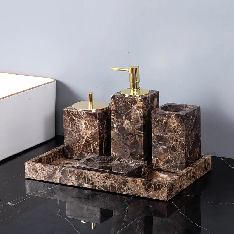 DecorBites™ Emperador Dark Marble Bathroom Set: Toothbrush Holder, Soap Dish, Soap Dispenser