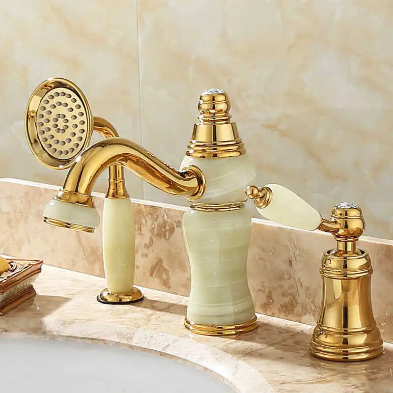 DecorBites™ Gold Brass Jade 3 Hole Widespread Basin Faucet with Double Handle